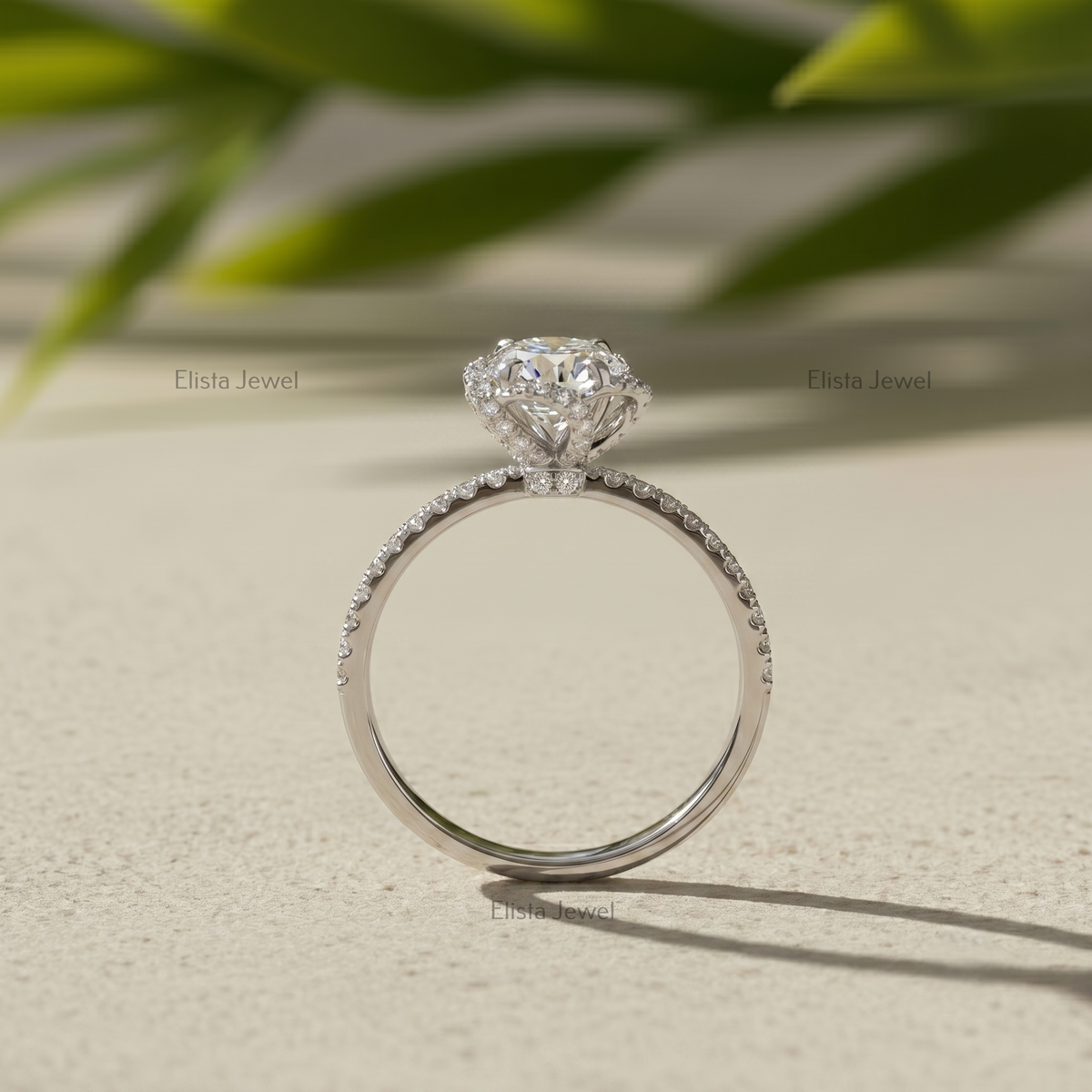 Round Lab Grown Diamond Halo Engagement Ring, Vintage Floral White Gold, IGI Certified
