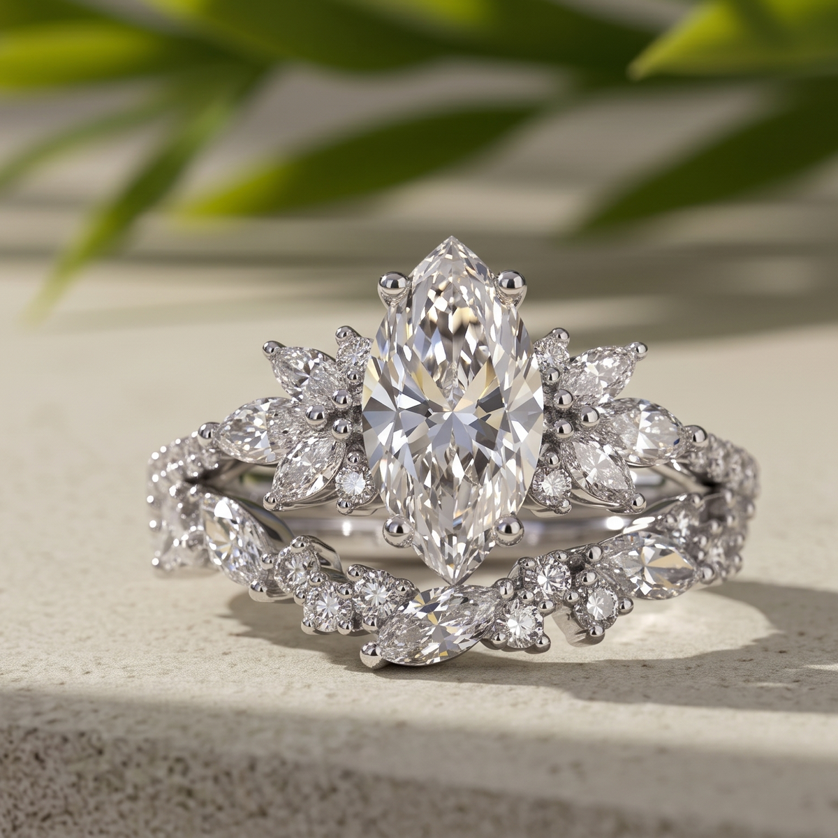 Bridal Set Marquise Lab-Grown Diamond Engagement Ring 14K White Gold Cluster Band