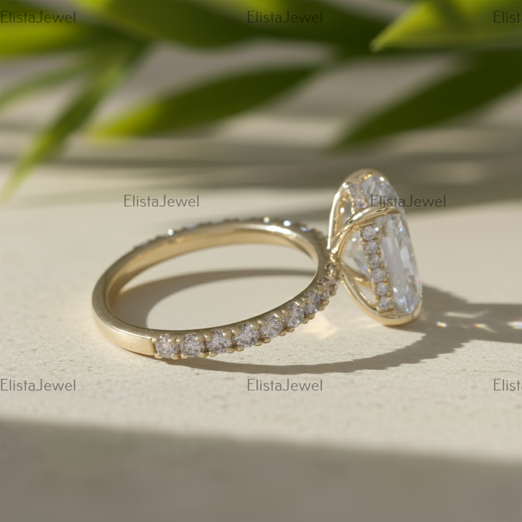 Radiant Cut Lab Grown Diamond Hidden Halo Engagement Ring In 14K Solid Yellow Gold, Certified Diamond Ring For Women