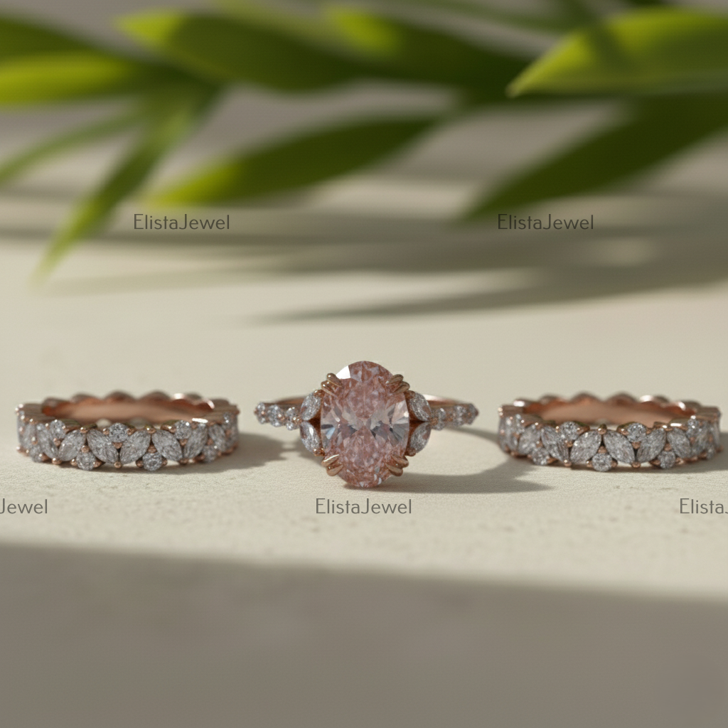 3CT Oval Lab Grown Pink Diamond Engagement Ring With 14K Rose Gold Matching Band