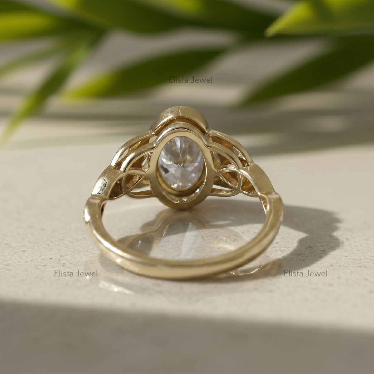 2 Carat Oval Lab Grown F/VVS2 Diamond Bezel Set Engagement Ring, 14K Yellow Gold Vintage Leaf Filigree, IGI Certified Diamond