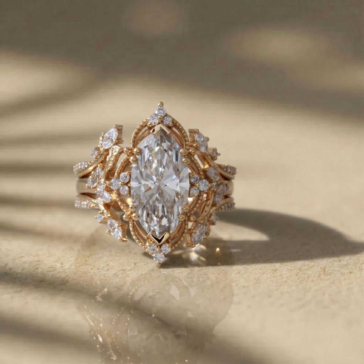 Marquise Lab Grown Diamond Ring Set, Vintage Floral Engagement Ring, Yellow Gold Bridal Set, Unique Wedding Ring for Women