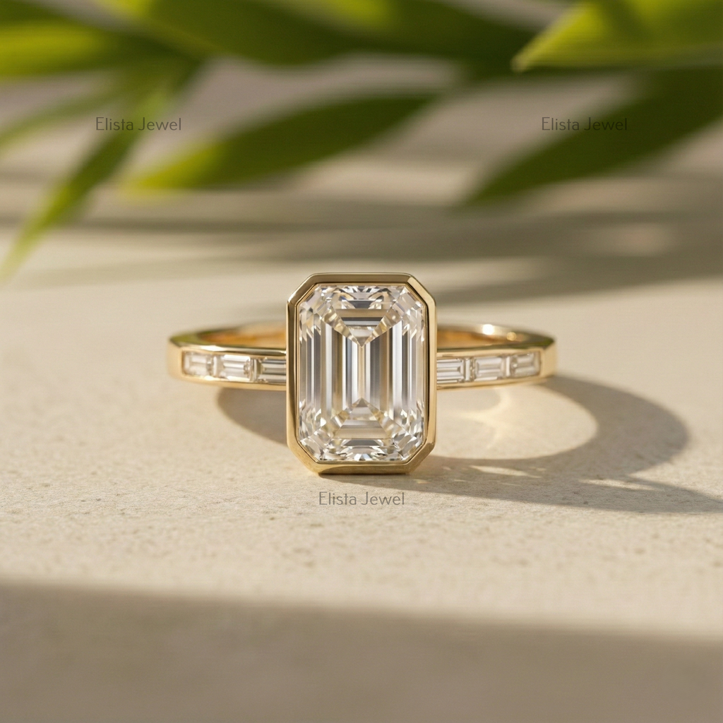 Emerald Cut Lab Grown Diamond Engagement Ring: 14K Gold Euro Shank Band With Baguettes