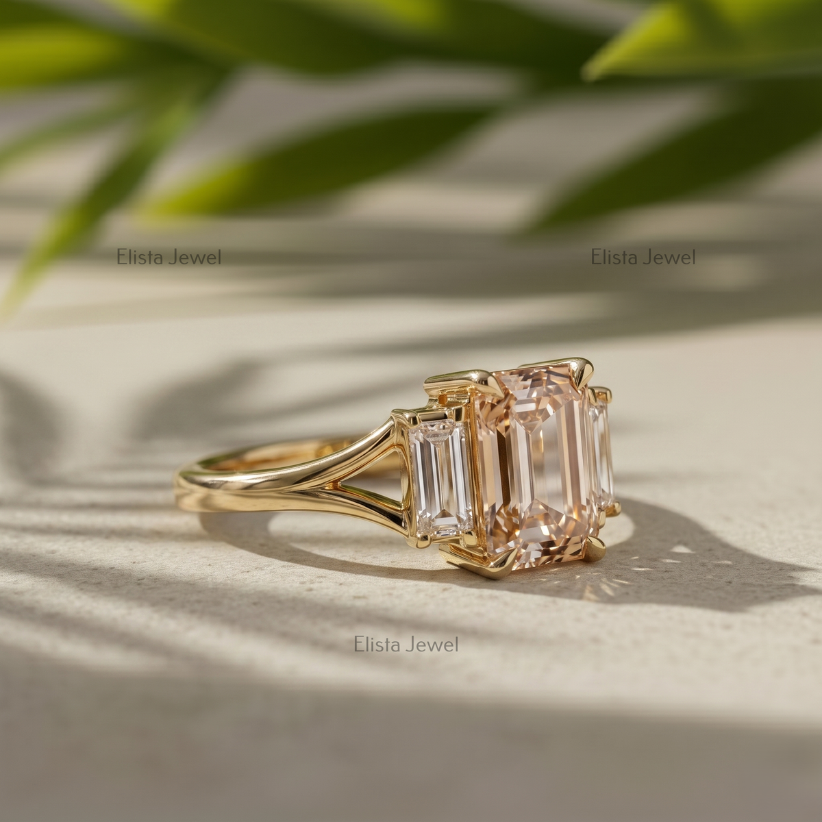 2 Carat Fancy Pink Emerald Lab Grown Diamond Three Stone Engagement Ring, 18K Yellow Gold Split Shank Band
