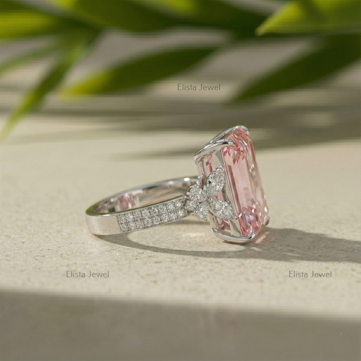 Emerald Cut Ring Pink Lab-Grown Diamond Cocktail 14K White Gold Floral Band