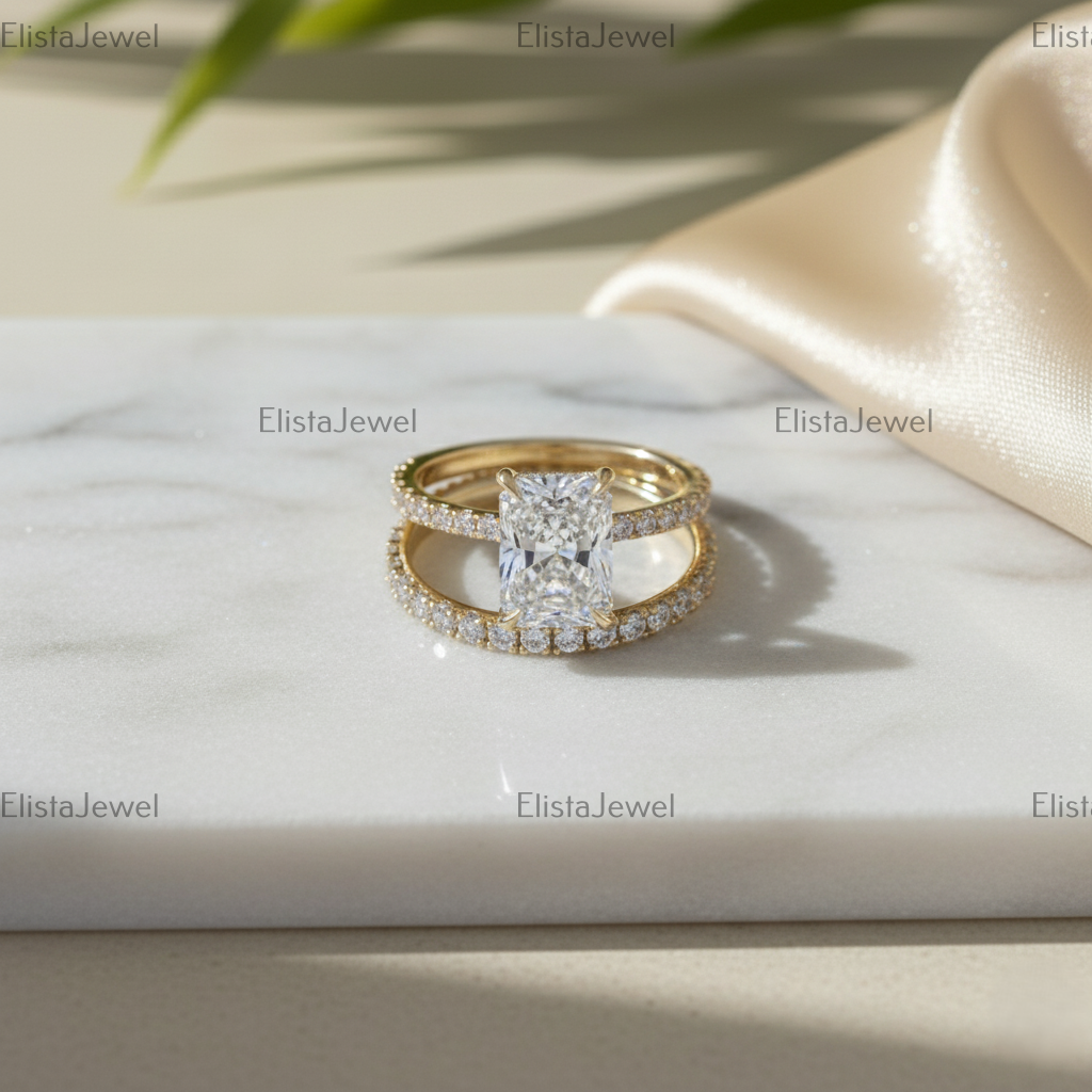 Radiant Cut Lab Grown Diamond Hidden Halo Engagement Ring In 14K Solid Yellow Gold, Certified Diamond Ring For Women