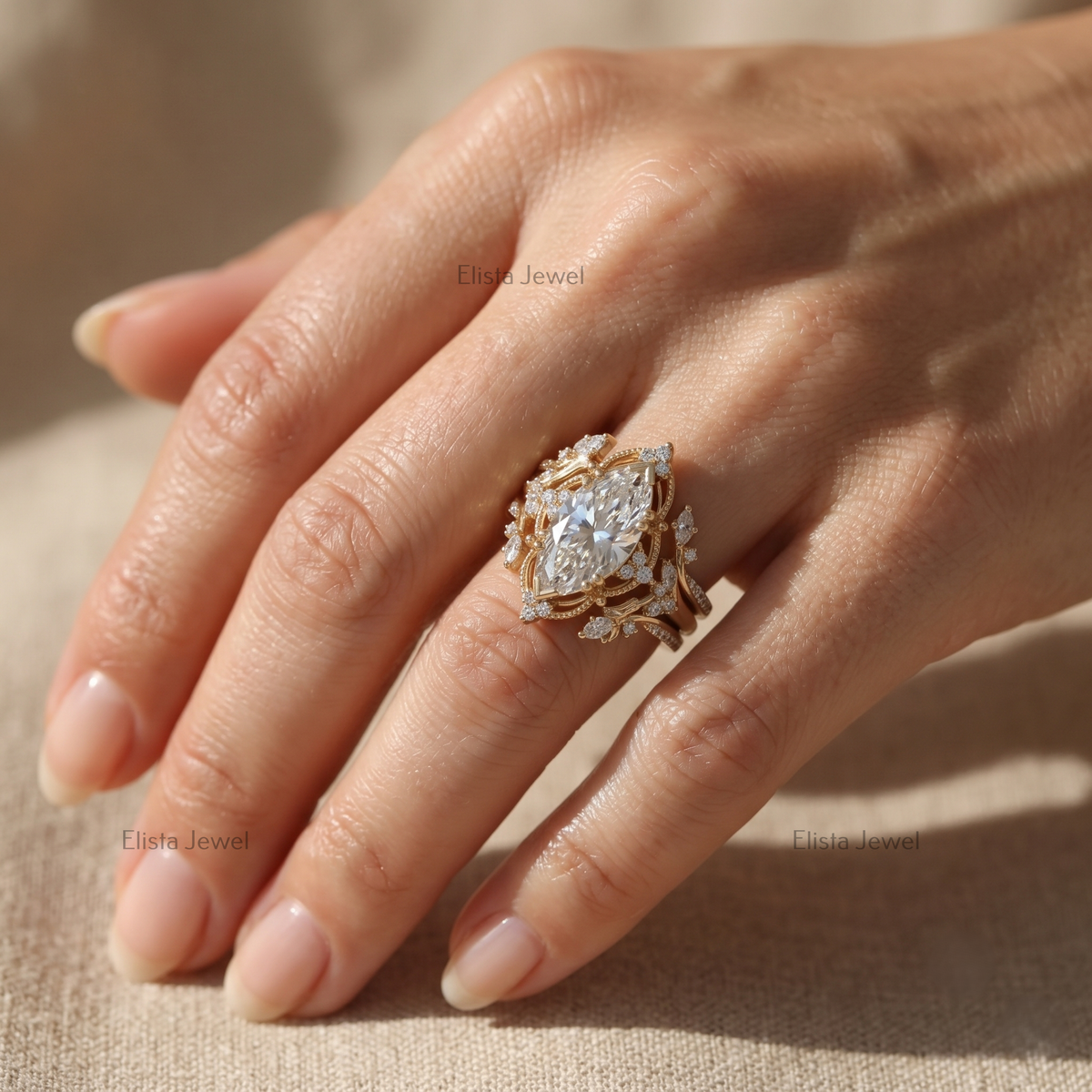 Marquise Lab Grown Diamond Ring Set, Vintage Floral Engagement Ring, Yellow Gold Bridal Set, Unique Wedding Ring for Women