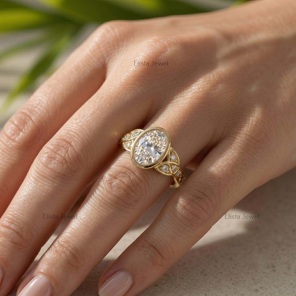2 Carat Oval Lab Grown F/VVS2 Diamond Bezel Set Engagement Ring, 14K Yellow Gold Vintage Leaf Filigree, IGI Certified Diamond