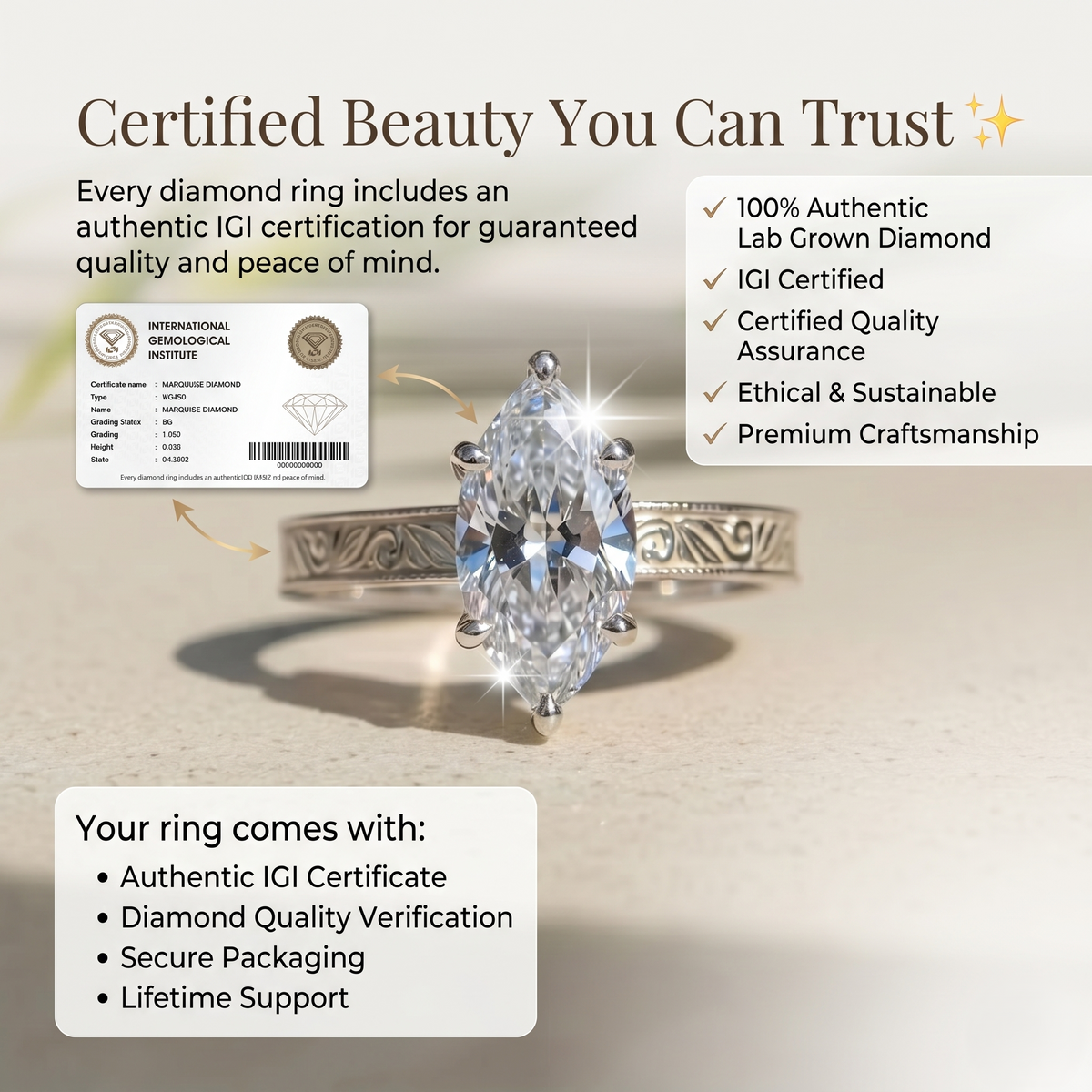 Marquise Lab-Grown Diamond Solitaire Engagement Ring, 14K White Gold Vintage Engraved Six Prong