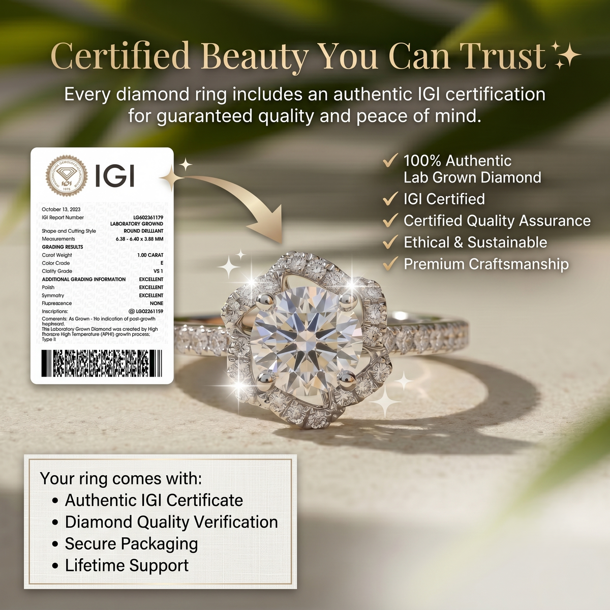 Round Lab Grown Diamond Halo Engagement Ring, Vintage Floral White Gold, IGI Certified