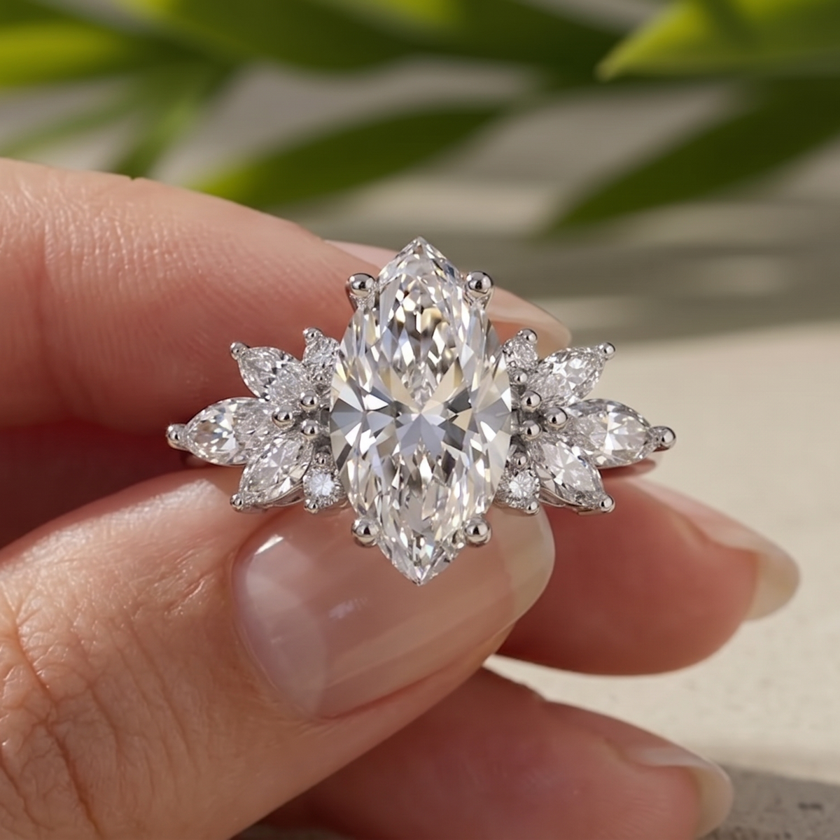 Bridal Set Marquise Lab-Grown Diamond Engagement Ring 14K White Gold Cluster Band