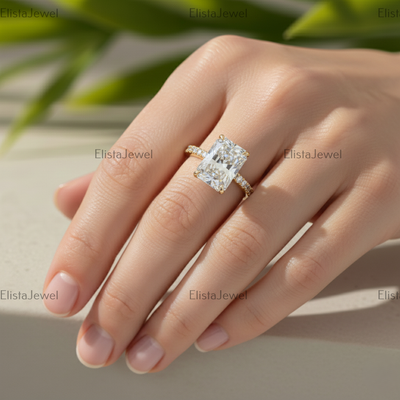 Radiant Cut Lab Grown Diamond Hidden Halo Engagement Ring In 14K Solid Yellow Gold, Certified Diamond Ring For Women
