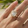 Emerald Cut Lab Grown Diamond Engagement Ring: 14K Gold Euro Shank Band With Baguettes