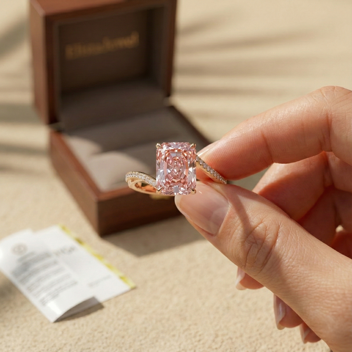 Pink Radiant Lab Diamond Ring, 14K Rose Gold Twisted Band