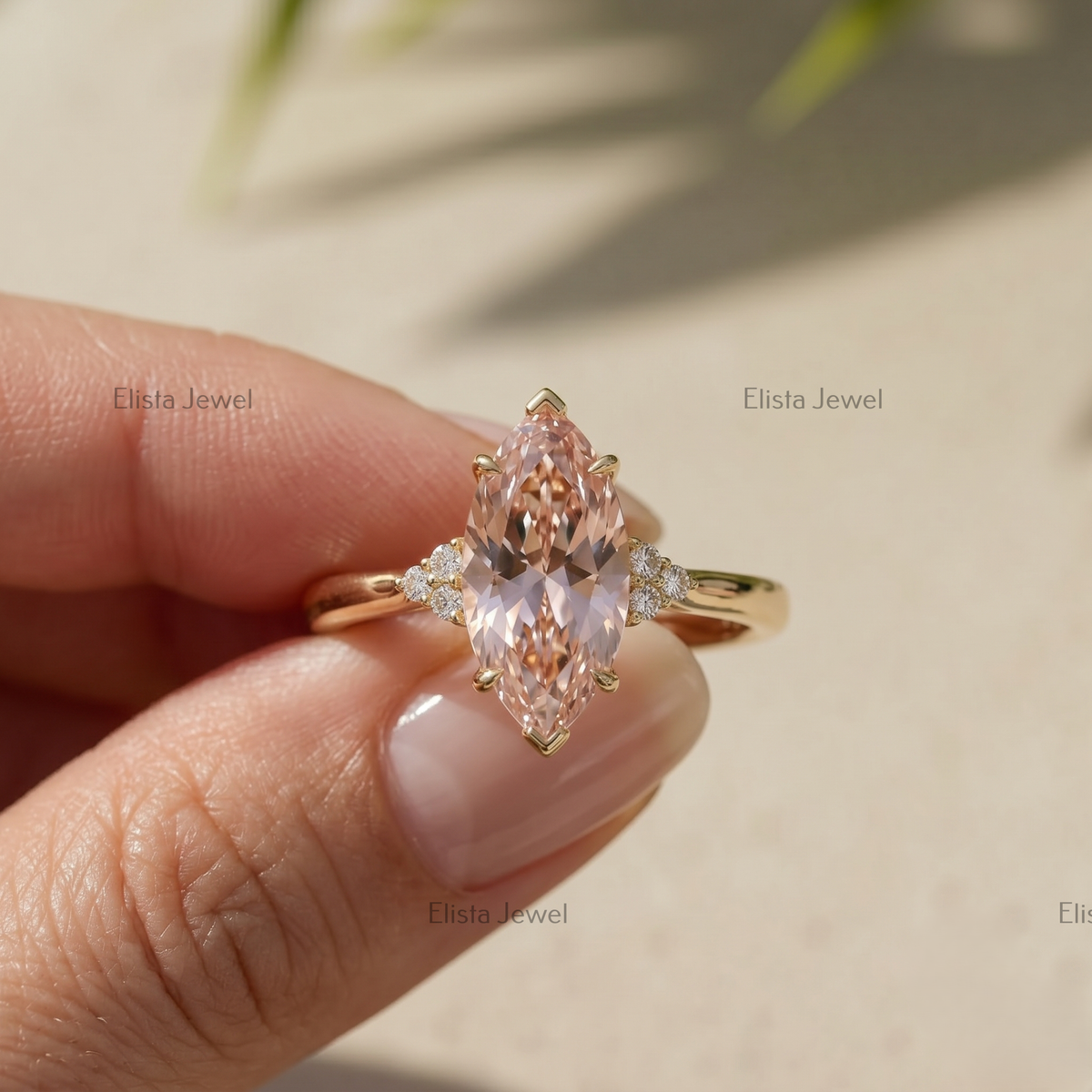 Fancy Pink Marquise Lab Grown Diamond Engagement Ring in 10K Solid Yellow Gold, IGI Certified Pink Diamond Ring
