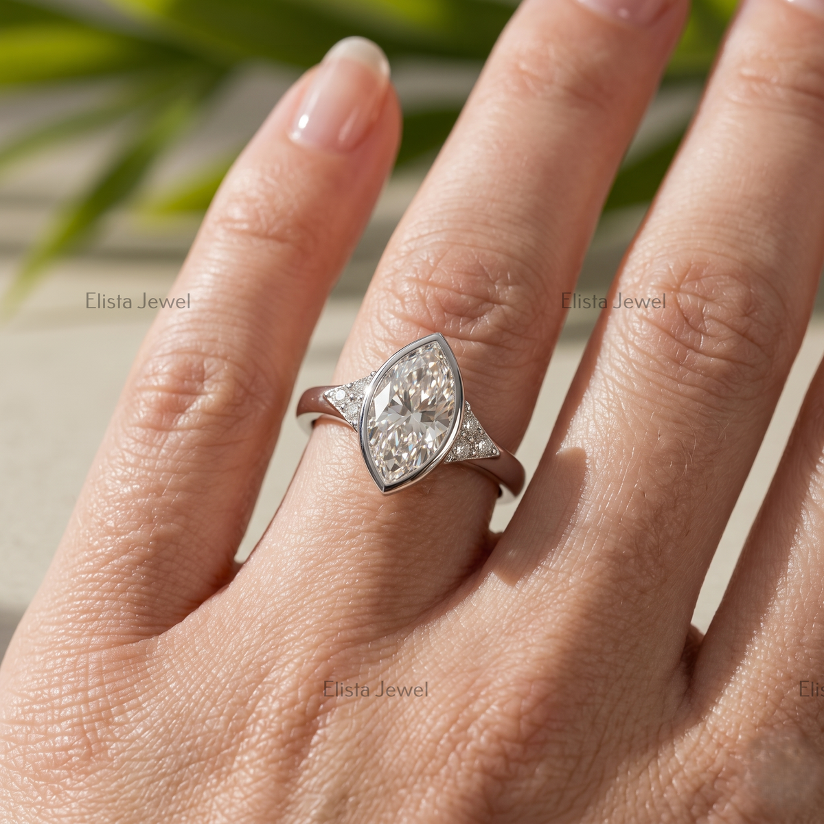 3 Carat F/VVS2 Marquise Lab Diamond Cluster Ring, 950 Platinum Bezel Set Engagement