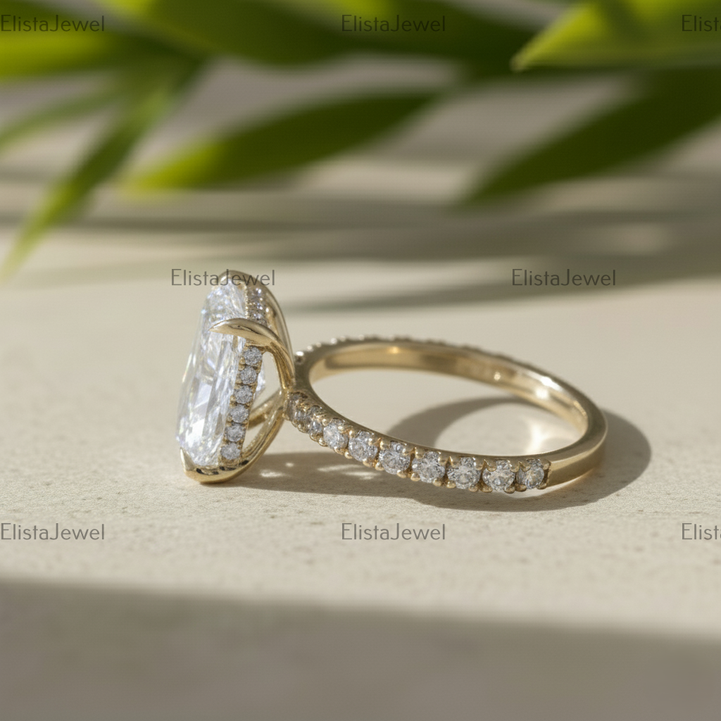 Radiant Cut Lab Grown Diamond Hidden Halo Engagement Ring In 14K Solid Yellow Gold, Certified Diamond Ring For Women