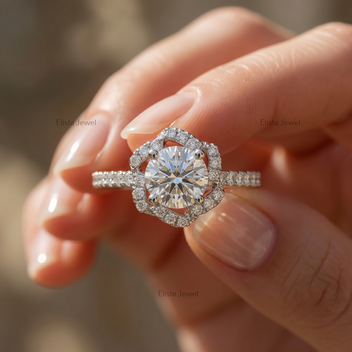 Round Lab Grown Diamond Halo Engagement Ring, Vintage Floral White Gold, IGI Certified