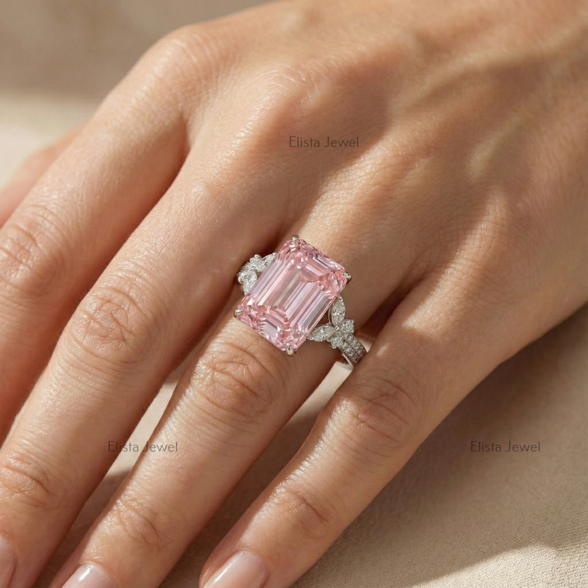 Emerald Cut Ring Pink Lab-Grown Diamond Cocktail 14K White Gold Floral Band