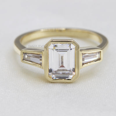 1.67CT Emerald Cut Diamond Three Stone Bezel Set Gold Engagement Ring Gift For Her