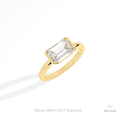 East West Emerald Cut Semi Bezel Solitaire Ring