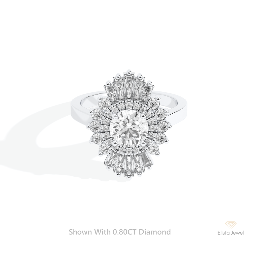 Round Cut Double Halo Starburst Ring