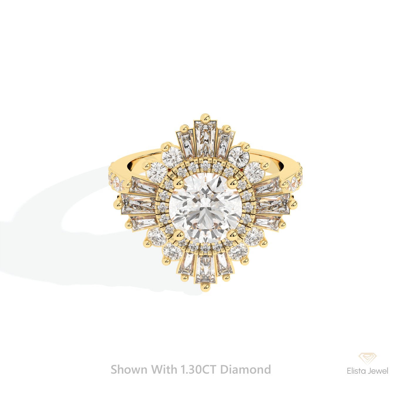 Round Cut Double Halo Accent Starburst Ring