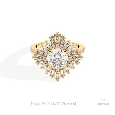 Round Cut Double Halo Accent Starburst Ring