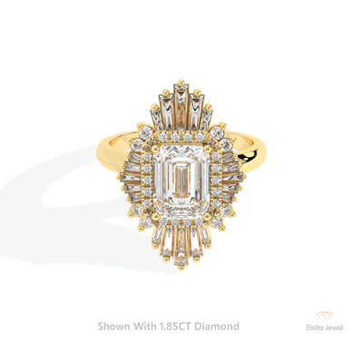 Emerald Cut Double Halo Starburst Ring