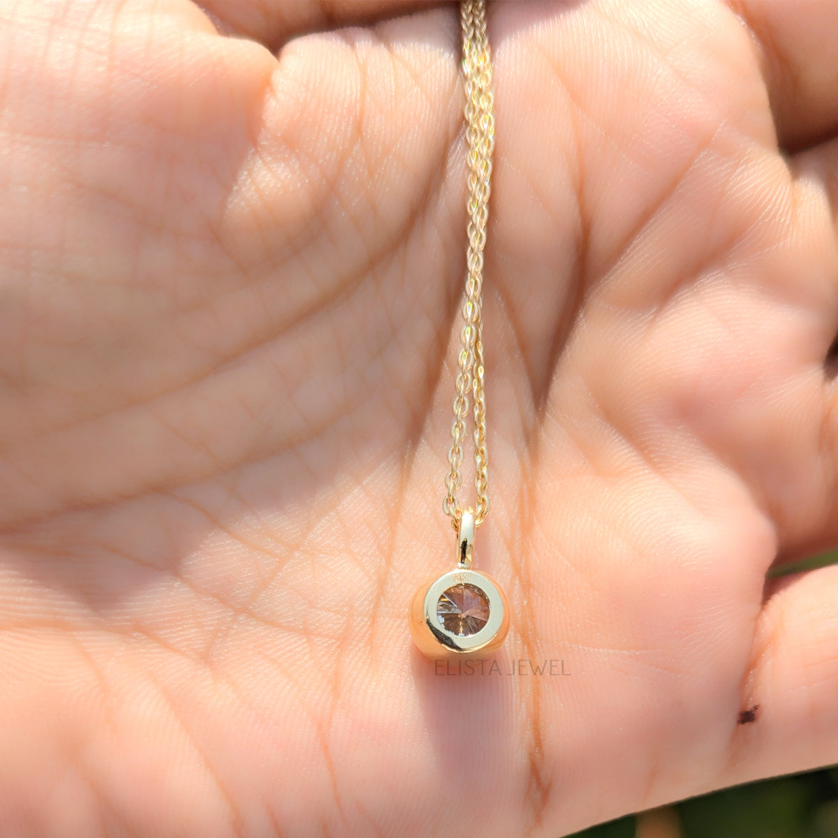 Minimalist Dainty Round Diamond Solitaire Bezel Gold Pendant & 18 inch Chain Set