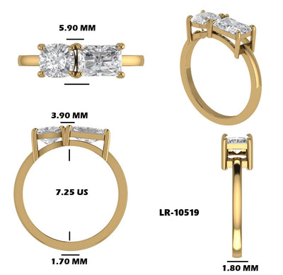 Cushion & Radiant Cut Diamond Set in Prongs Toi Et Moi Ring Made in 18K Solid Gold