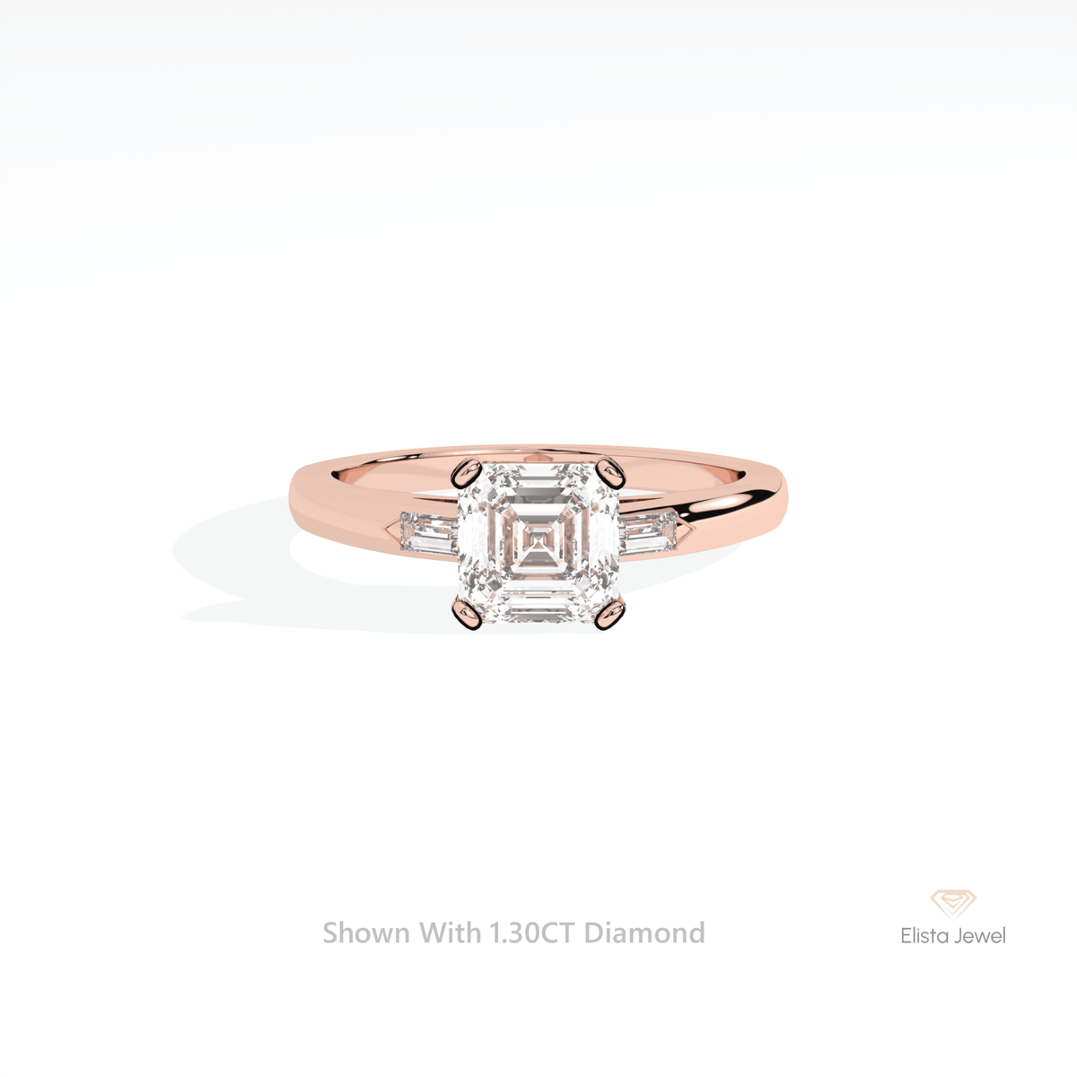 Asscher Cut Three Stone Engagement Lab Grown Diamond Ring in 18K Rose Gold - Ring on Hand View