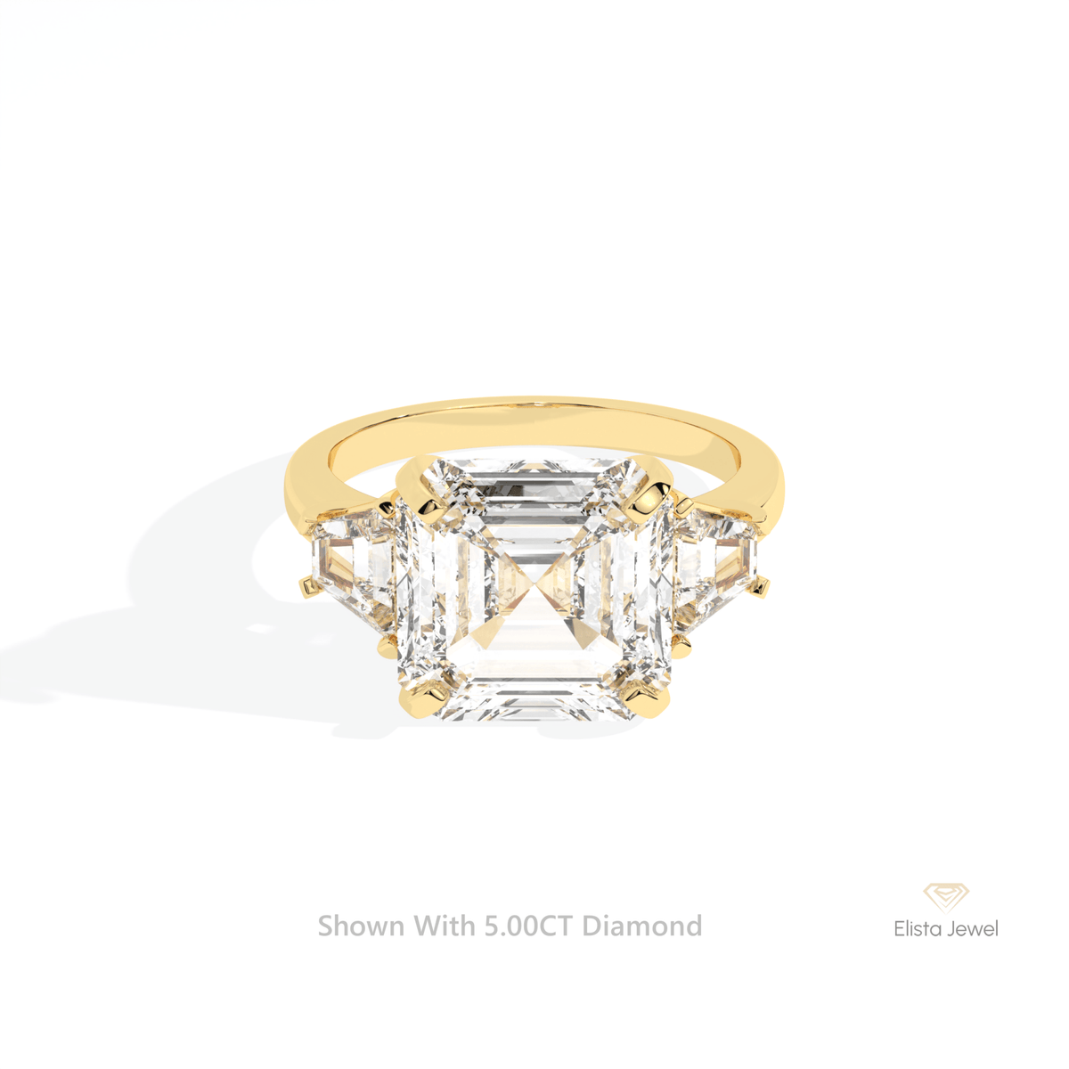 Asscher Cut Three Stone Engagement Lab Grown Diamond Ring in 14K Yellow Gold - Detail View