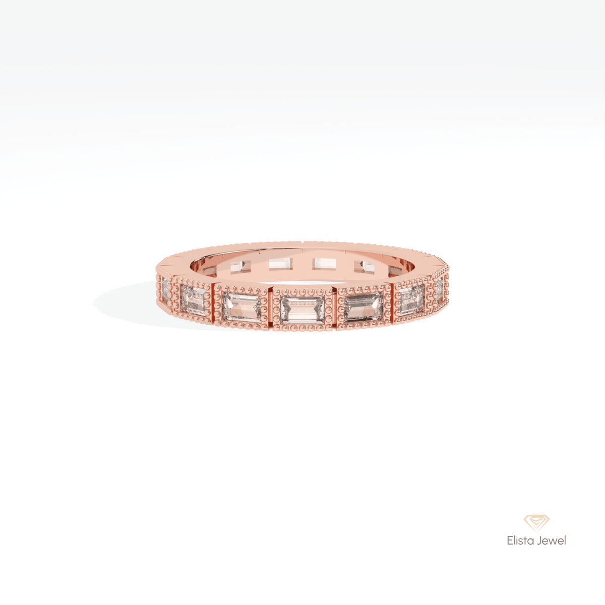 Baguette Cut Full Eternity Wedding Lab Grown Diamond Band in 18K Rose Gold - Ring on Hand View