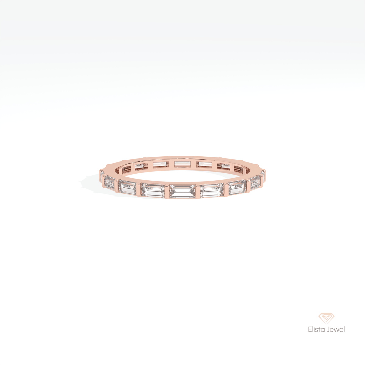Baguette Cut Full Eternity Wedding Lab Grown Diamond Band in 18K Rose Gold - Ring on Hand View