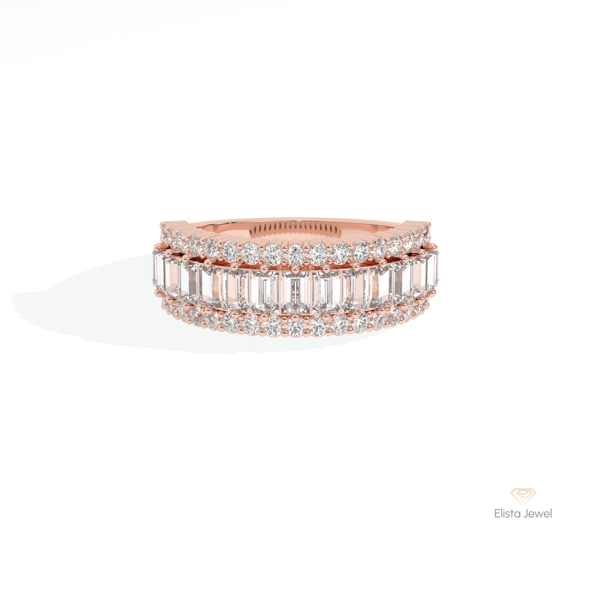 Baguette Cut Half Eternity Wedding Lab Grown Diamond Band in 18K Rose Gold - Ring on Hand View