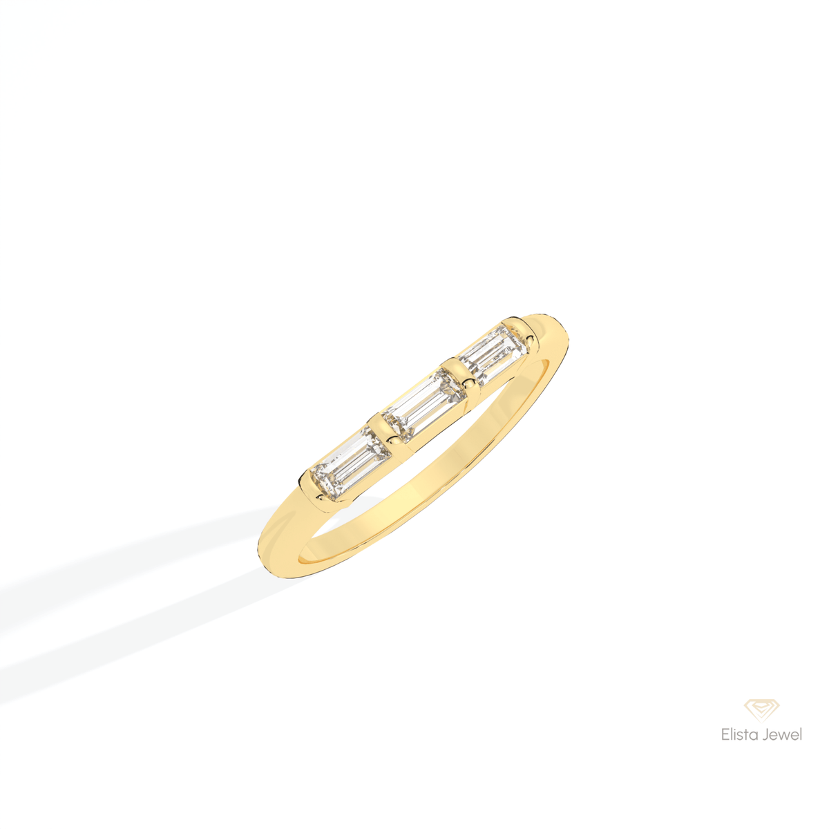 Baguette Cut Three Stone Wedding Lab Grown Diamond Band in 10K Yellow Gold - Side View