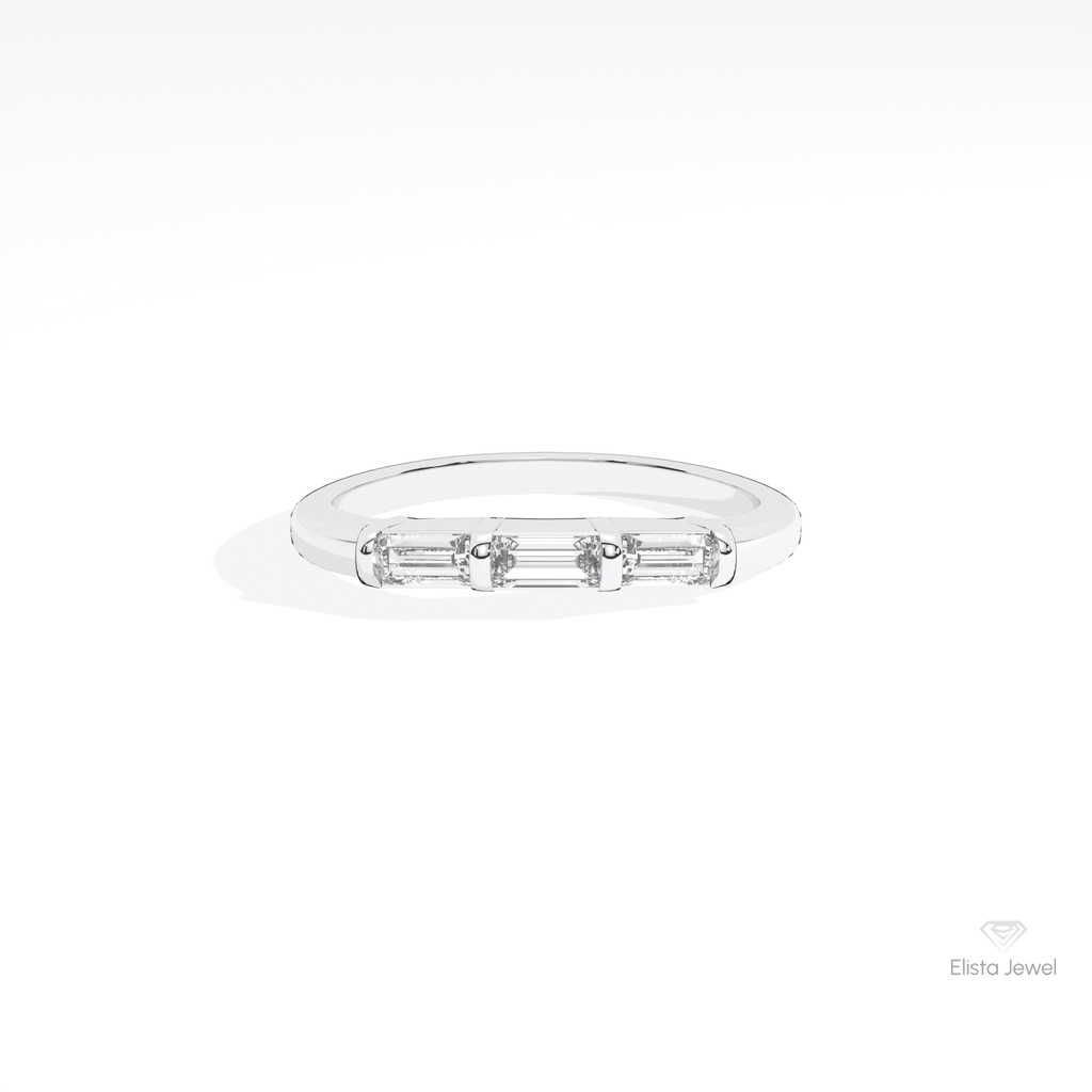 Baguette Cut Three Stone Wedding Lab Grown Diamond Band in 14K Yellow Gold - Detail View