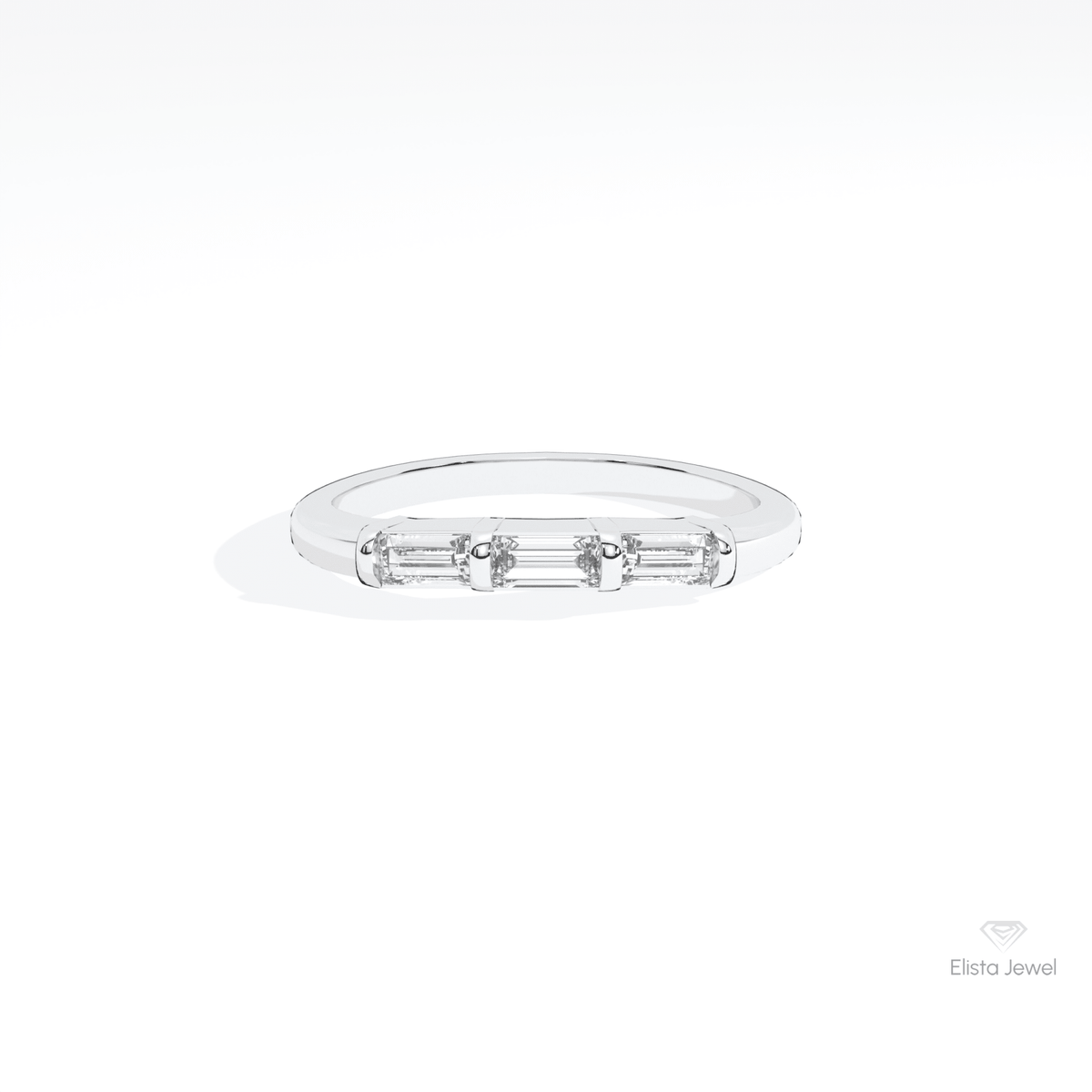 Baguette Cut Three Stone Wedding Lab Grown Diamond Band in 14K Yellow Gold - Detail View