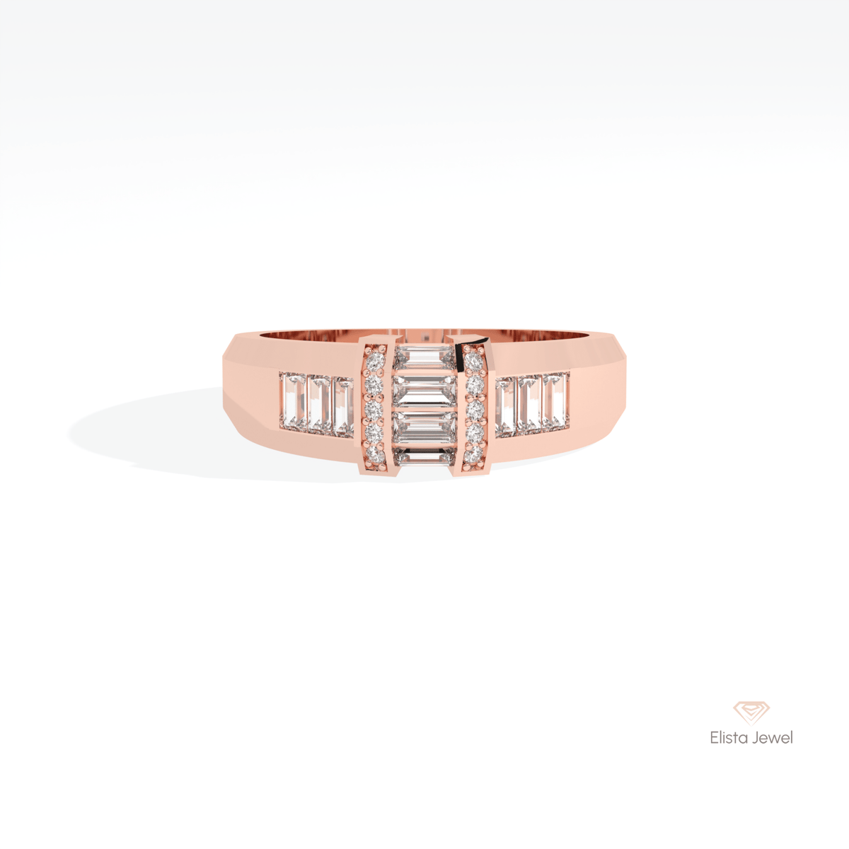Baguette & Round Cut Engagement Lab Grown Diamond Ring in 18K Rose Gold - Ring on Hand View