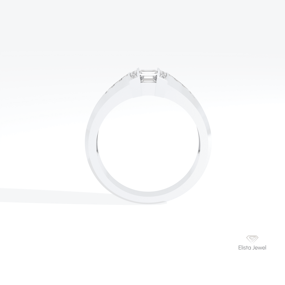 Baguette & Round Cut Engagement Lab Grown Diamond Ring in 18K White Gold - Close-up View