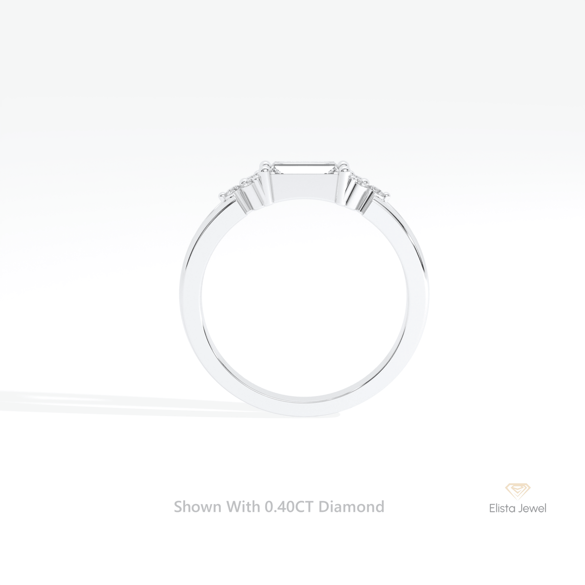 Baguette & Round Cut Engagement Lab Grown Diamond Ring in 18K White Gold - Close-up View