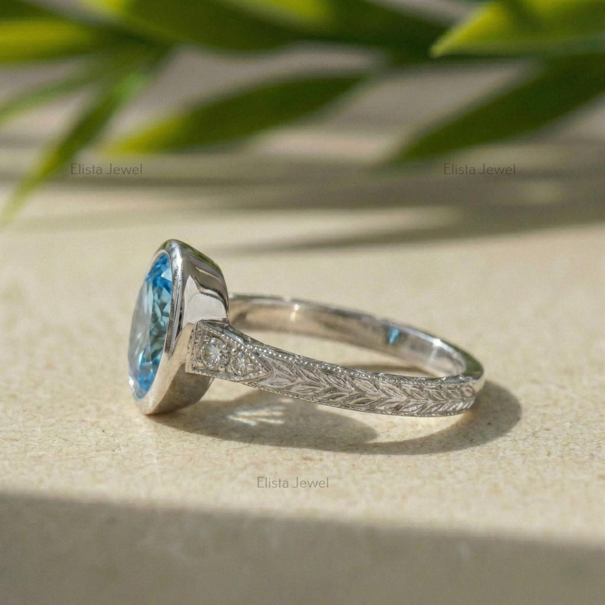 Blue Diamond Ring Oval Lab-Grown Engagement, 14K White Gold Milgrain Band
