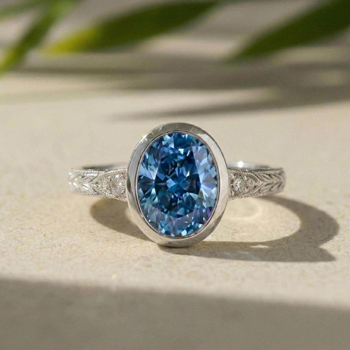Blue Diamond Ring Oval Lab-Grown Engagement, 14K White Gold Milgrain Band