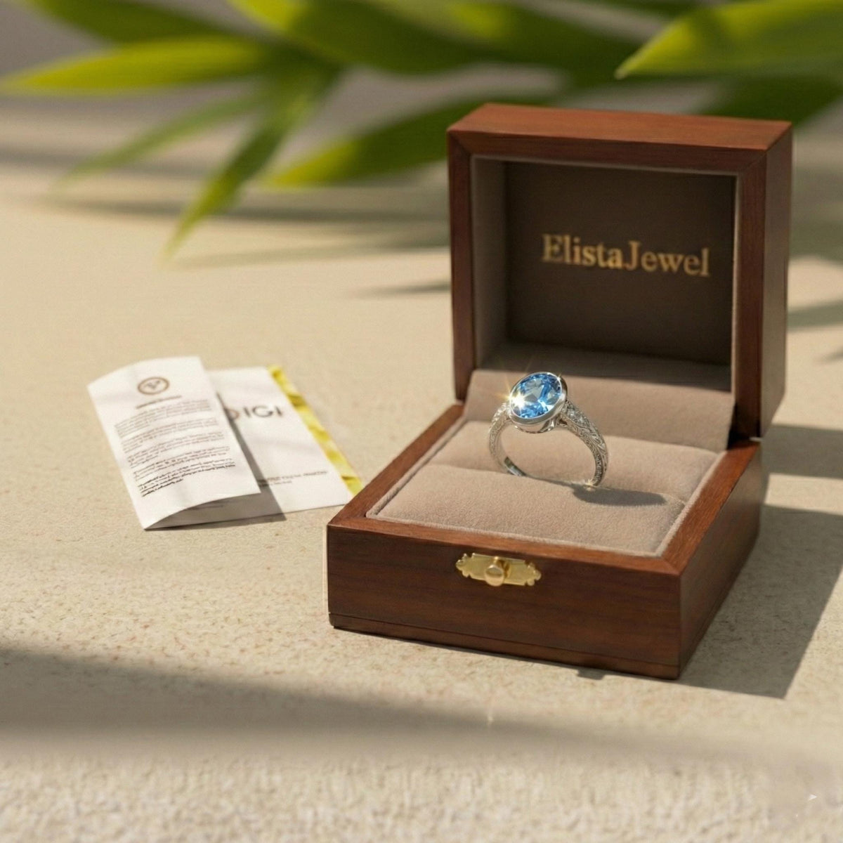 Blue Diamond Ring Oval Lab-Grown Engagement, 14K White Gold Milgrain Band