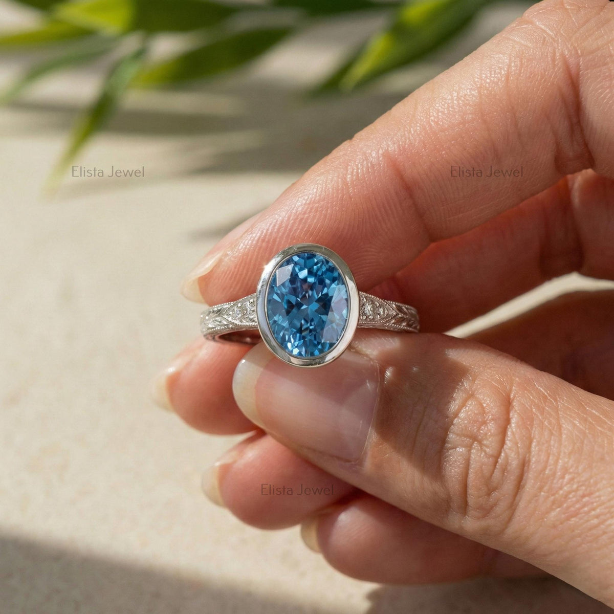 Blue Diamond Ring Oval Lab-Grown Engagement, 14K White Gold Milgrain Band