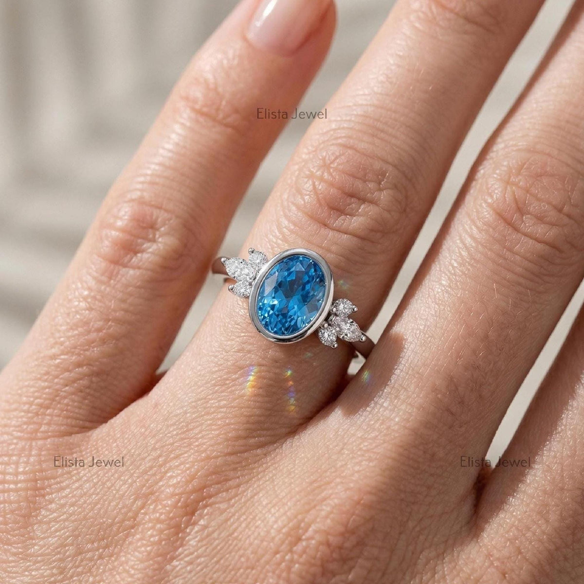 Oval Lab Grown Diamond Engagement Ring, 14K White Gold, Bezel Set Solitaire