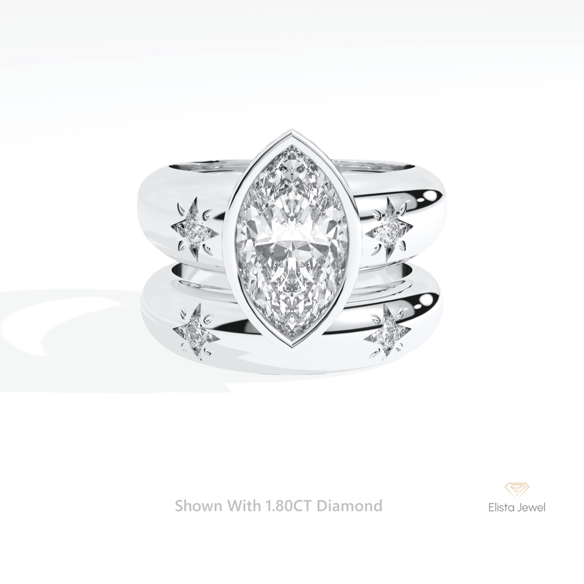 Celestial Lab Grown Diamond Band With Marquise Cut Lab Grown Diamond Ring Set in 14K Yellow Gold - Detail View