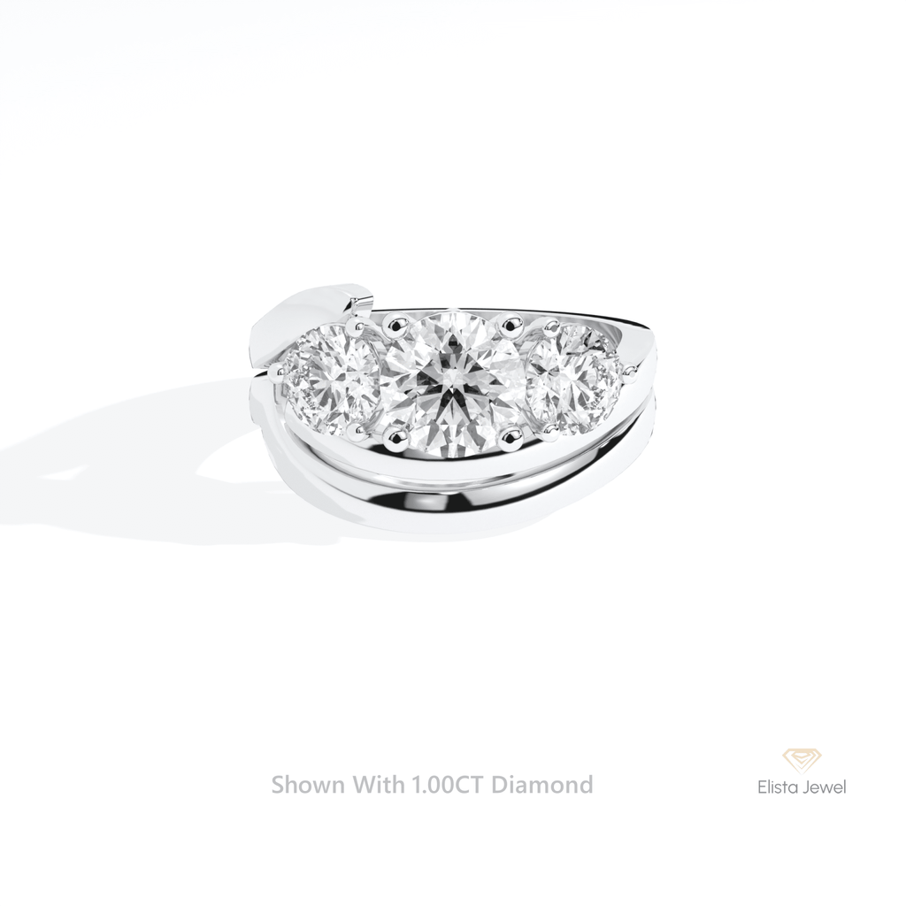 Curve Matching Lab Grown Diamond Band With Round Three Stone Lab Grown Diamond Ring Set in 14K Yellow Gold - Detail View