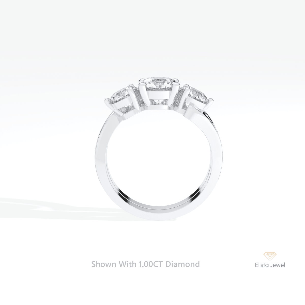 Curve Matching Lab Grown Diamond Band With Round Three Stone Lab Grown Diamond Ring Set in 18K White Gold - Close-up View